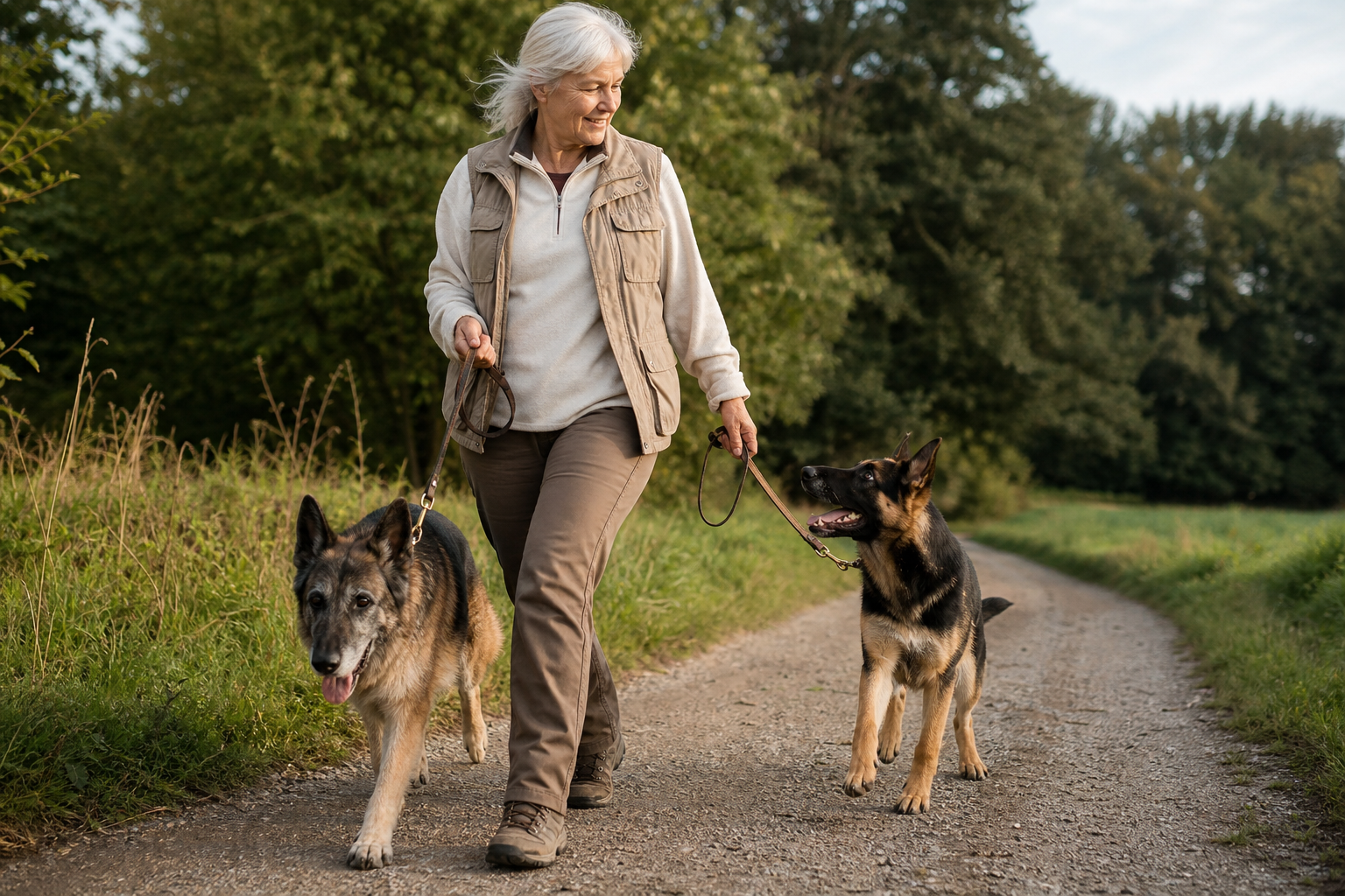 Maria beim Spaziergang mit zwei unterschiedlichen Schäferhunden